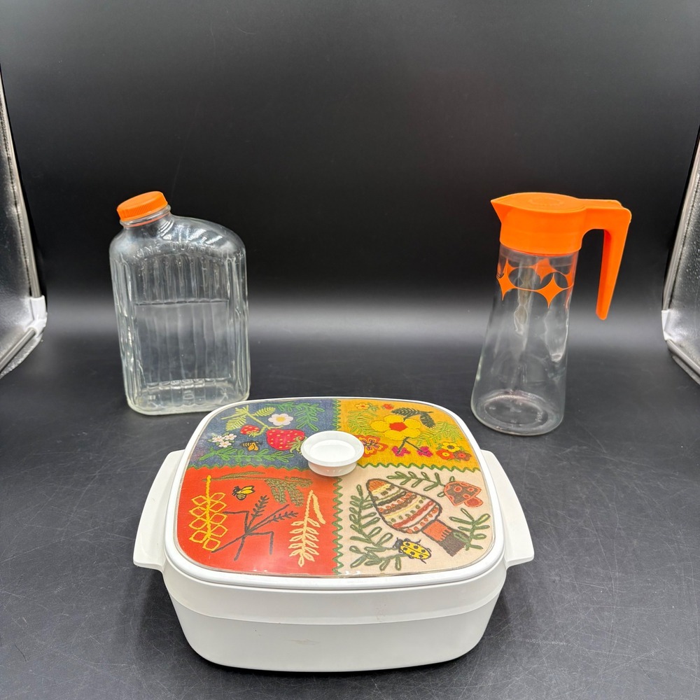 Vtg MCM West Bend Dish Botanical Mushroom Lid Tang Carafe & Glass Bottle Bundle